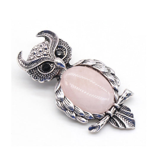 Natural Crystal Owl Brooch - Gem Inlaid Alloy Design, Wear as Pendant or Brooch